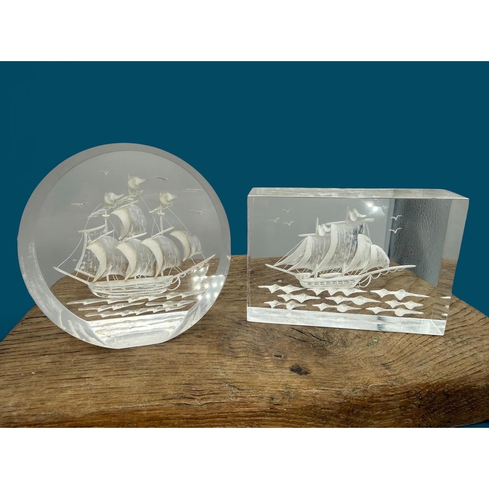 Vintage Carved Lucite Ship Paperweights Set of 2 Mid-Century Nautical Art